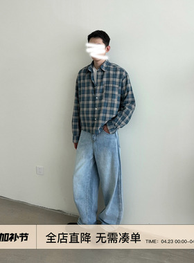 EMP Studio 春秋美式复古短款格子长袖衬衫男女Cleanfit休闲衬衣