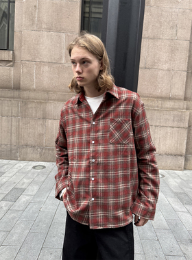 EMP 美式复古宽松红色格子长袖衬衫男女潮牌春季叠穿休闲上衣外套