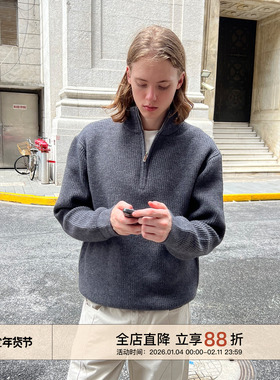 EMP 秋冬复古灰色抗条半开衫拉链毛衣男女潮牌宽松立领套头针织衫