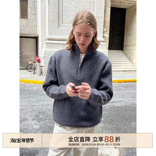 EMP 秋冬复古灰色抗条半开衫拉链毛衣男女潮牌宽松立领套头针织衫