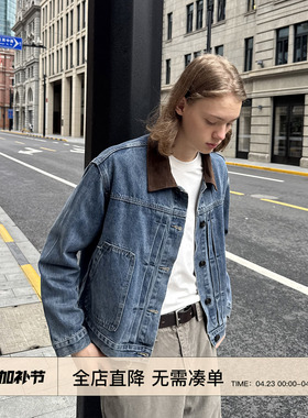 EMP 美式复古水洗做旧灯芯绒翻领牛仔夹克男女短款休闲开衫外套