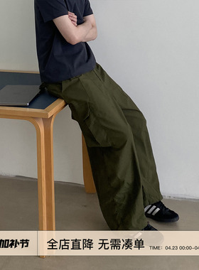 EMP Studio 复古军绿色直筒宽松阔腿伞兵裤男垂感工装休闲长裤
