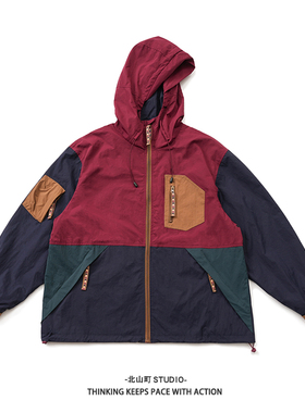 EMP复古日系多色拼接撞色连帽夹克外套防风防水登山上衣秋装男