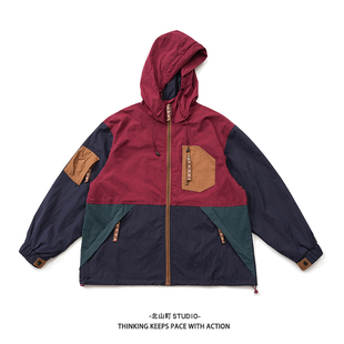 EMP复古日系多色拼接撞色连帽夹克外套防风防水登山上衣秋装 男