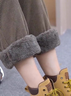 加绒加厚哈伦卫裤子女秋冬大码胖mm灯芯绒外穿保暖高腰束脚休闲裤