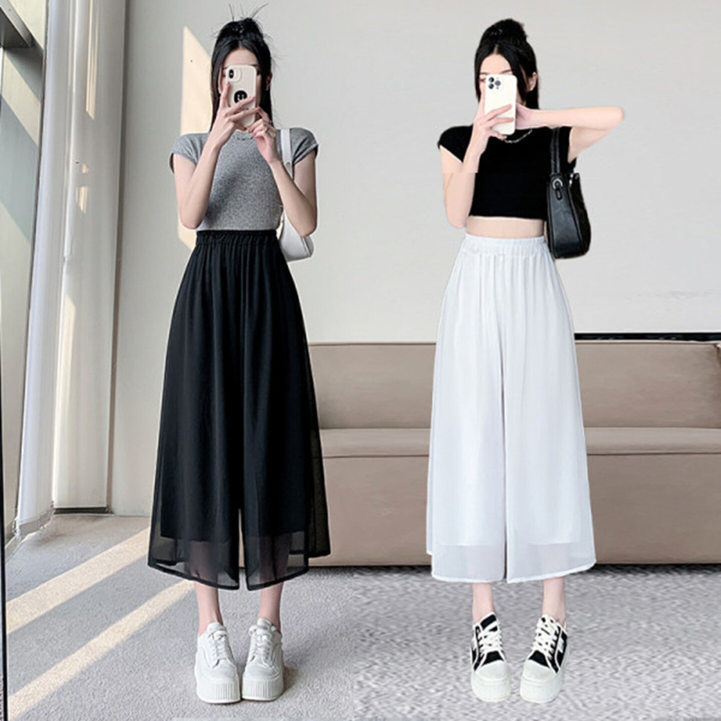 冰丝雪纺阔腿裤裙女夏季薄款防晒垂感飘逸高腰七分九分休闲长裤子