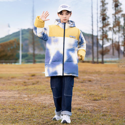 男童学生中长款宽松羽绒服加厚黄绿渐变外套大童连帽棉袄衣棉服冬
