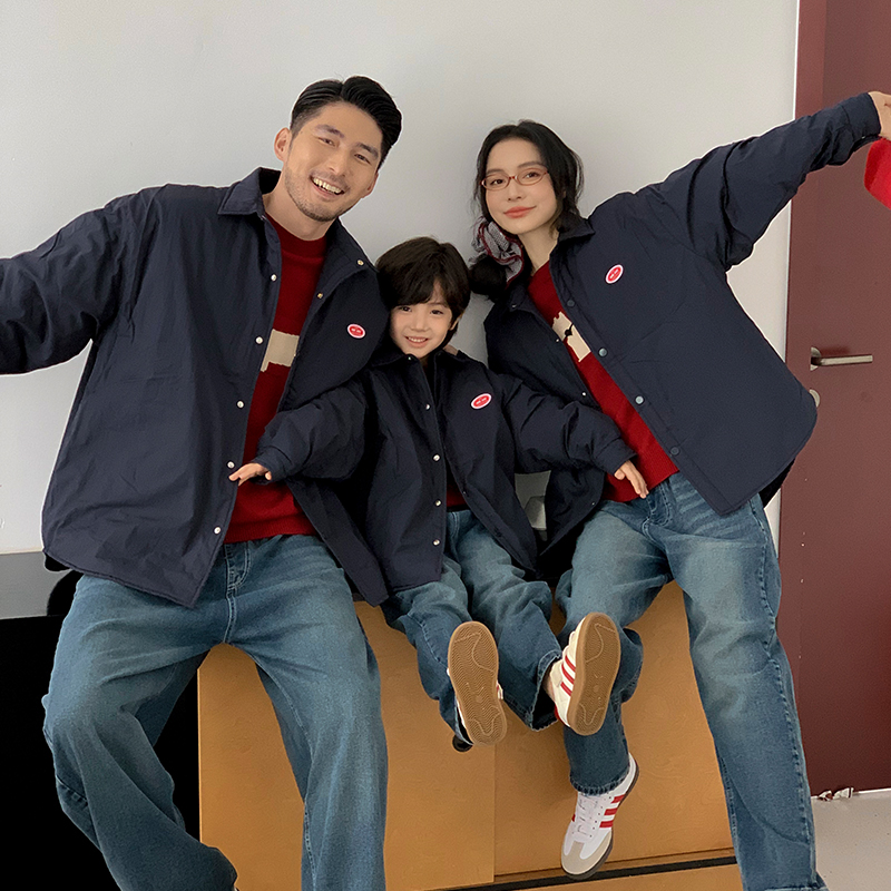 亲子装棉服一家三口衬衫翻领夹棉外套母女母子装棒球服棉夹克上衣
