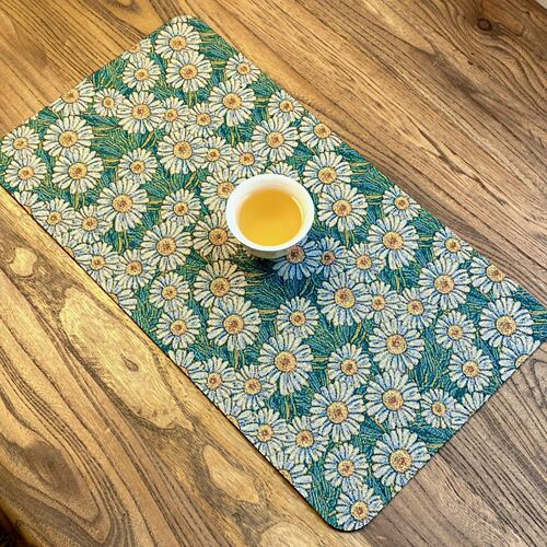 中式禅意干泡茶席小清新双面防水布艺茶垫绿色小雏菊长条桌旗垫子