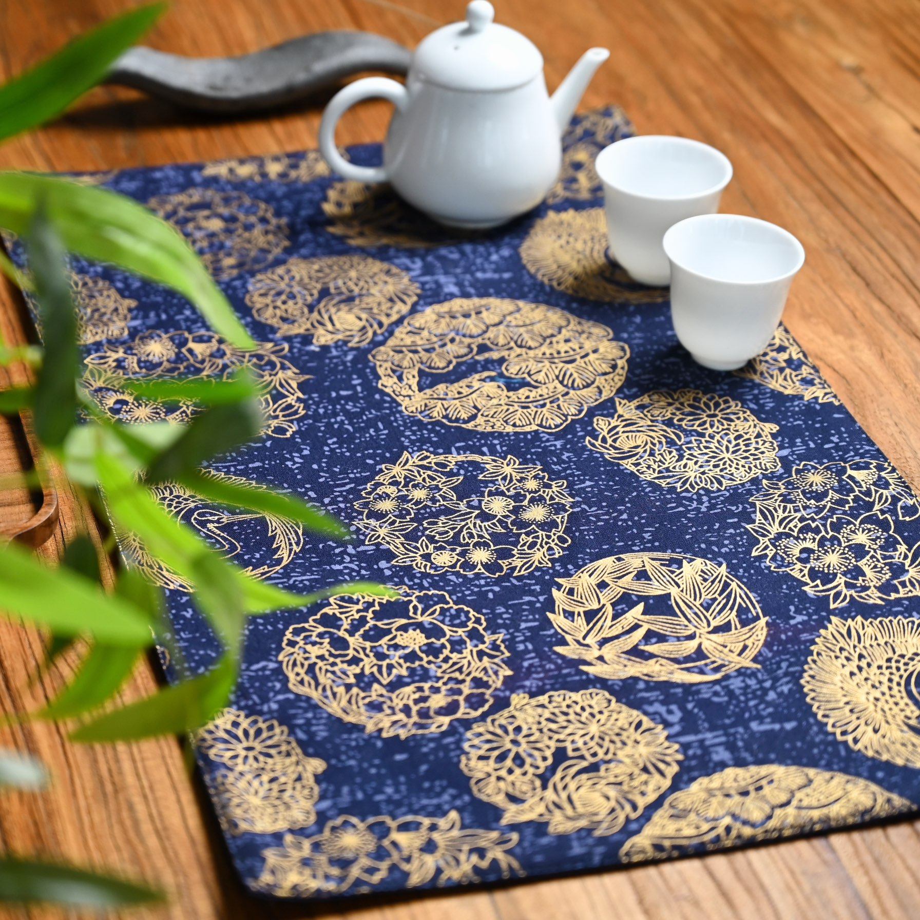 中式轻奢金丝团花刺绣茶席手作古典茶台垫子长方形防水桌旗干泡垫