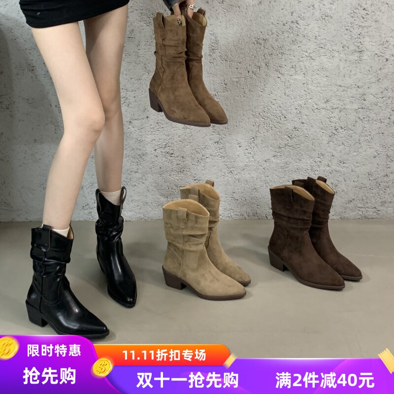 十三行女鞋实拍褶皱复古尖头中筒靴气质时装靴高级感机车靴套筒靴