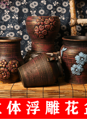 高端花盆浮雕花粗陶花瓶透气无釉绿植盆栽多肉植物法师老桩客厅