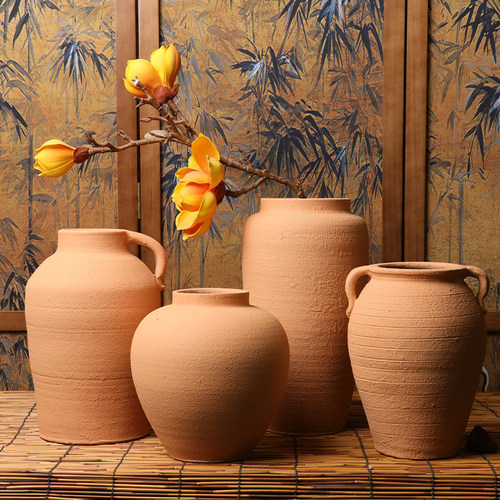 侘寂风花瓶花盆粗陶干花民宿复古新中式陶罐橱窗会所装饰客厅摆件