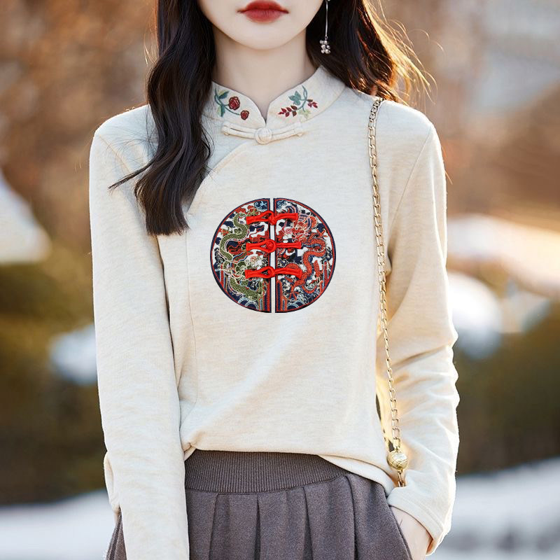 2025秋冬季新款德绒长袖立领刺绣花印花打底文艺国风内搭保暖卫衣