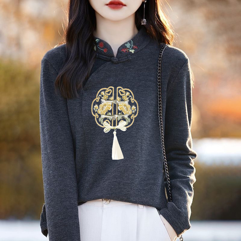 秋冬新款双面德绒刺绣花印花立领长袖打底衫国风复古保暖内搭上衣