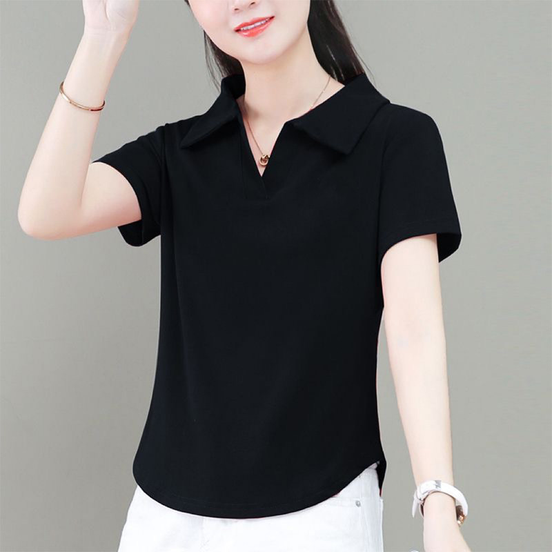 夏季新款纯棉短袖POLO衫女士宽松显瘦纯色百搭时尚简约休闲上衣