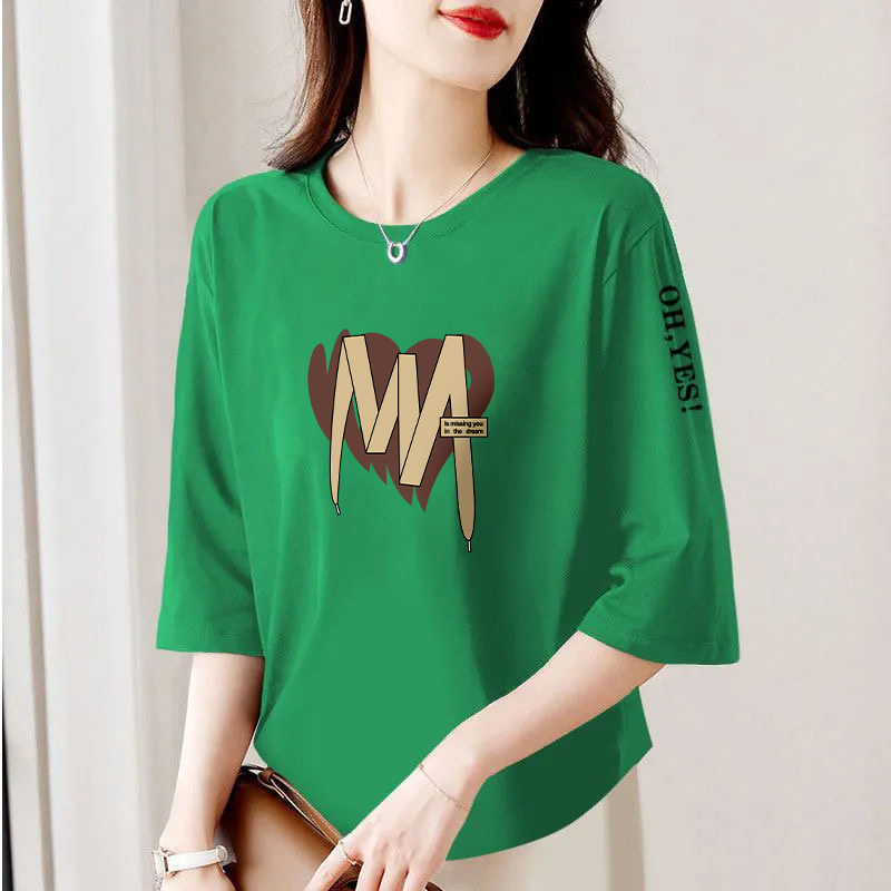 2025新款纯棉七分袖圆领女士上衣宽松显瘦不规则拼接百搭印花T恤
