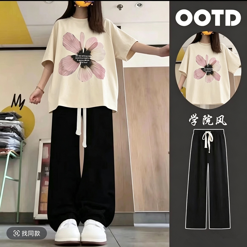 韩系休闲运动服套装女夏季初高中女学生宽松纯棉短袖阔腿裤两件套