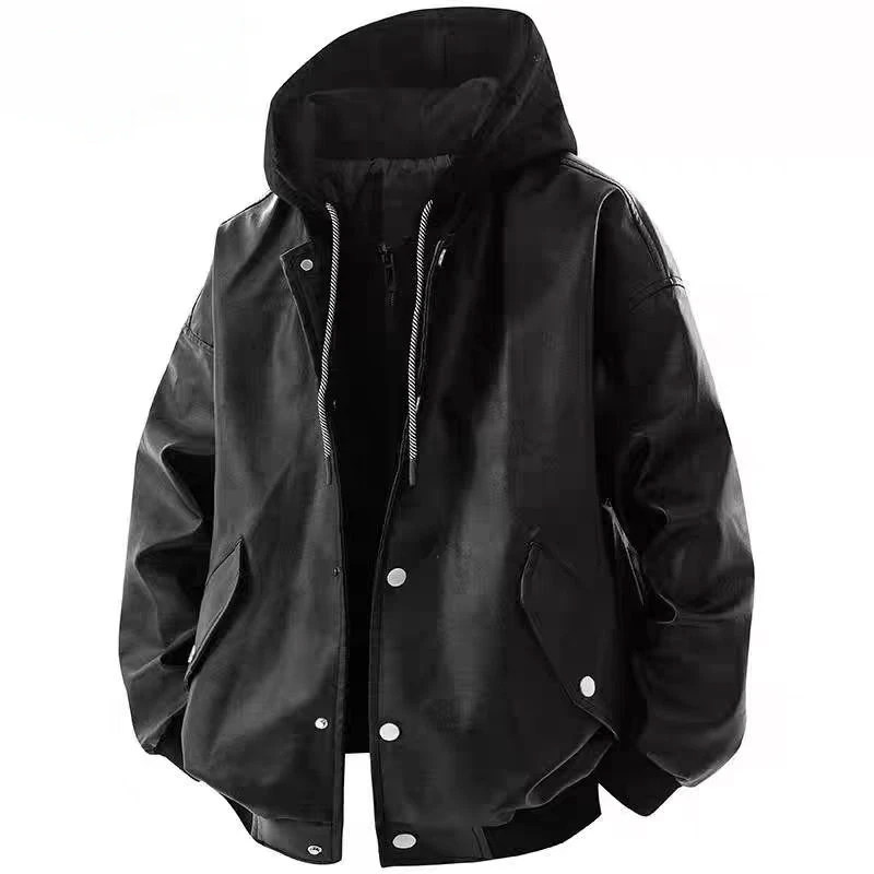 2025春季美式复古PU皮衣男连帽