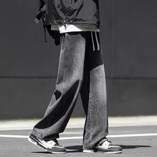 秋冬加绒加厚牛仔裤男港风宽松直筒松紧腰阔腿橡筋裤复古水洗长裤