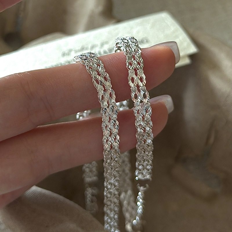 足银s999双排手链ins风小众设计简约时髦编织蕾丝感几何菱形手饰