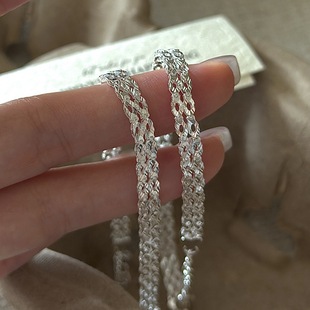 足银s999双排手链ins风小众设计简约时髦编织蕾丝感几何菱形手饰