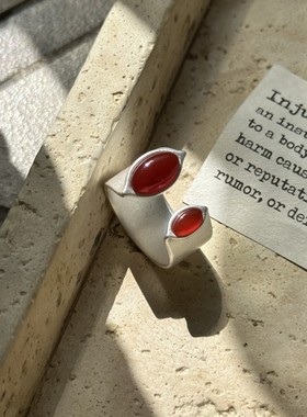 S925纯银韩版小众设计感红玛瑙磨砂戒指复古时髦ISN风指环