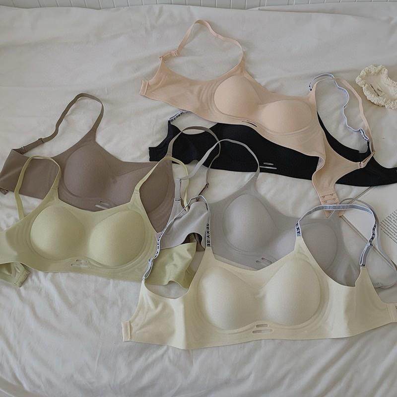 5522#裸感无痕提拉内衣女双排扣字母细肩带抹胸镂空无磁文胸跨境