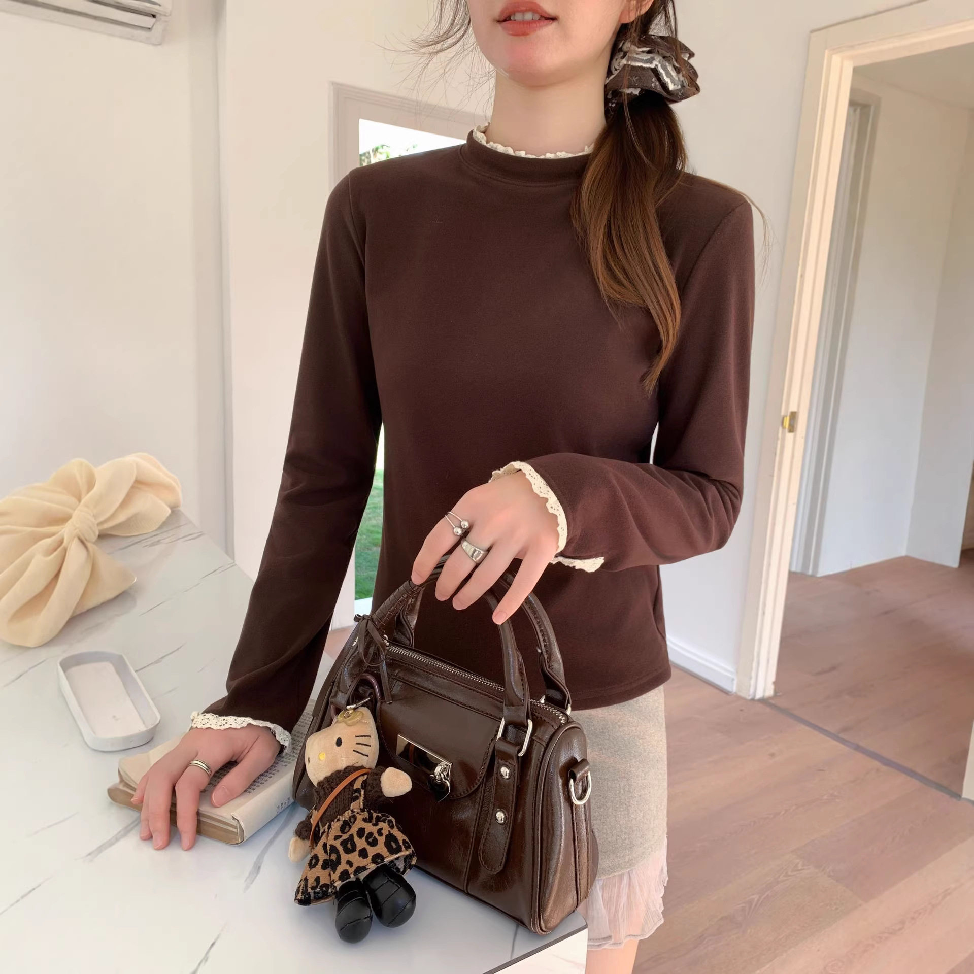 蕾丝花边德绒半高领长袖t恤打底衫女2026春季新款内搭学生上衣潮,女士内衣/男士内衣/家居服,保暖上装,淘宝优惠券,粉丝福利购,淘宝优惠卷