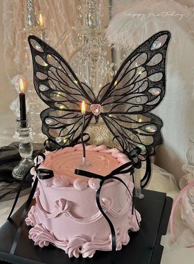 抱抱酱情侣款黑色发光刺绣蝴蝶蛋糕烘焙装饰蜡烛插件森系生日快乐