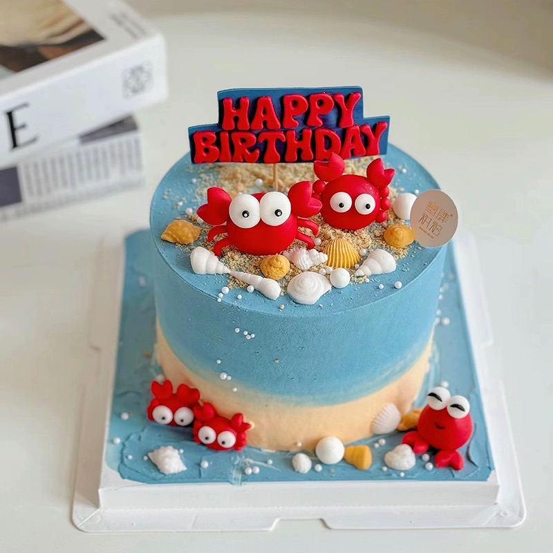网红ins风创意小螃蟹海螺贝壳HBD烘焙蛋糕插件巨蟹座蛋糕装饰摆件
