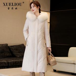 海宁真皮鹅绒服女2024冬新款带帽绵羊皮羽绒服高级感外套长款皮衣