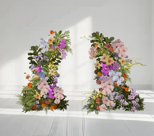 h474粉紫蓝黄色白绿色香槟色彩色组群婚礼拱门手绘花艺素材psd