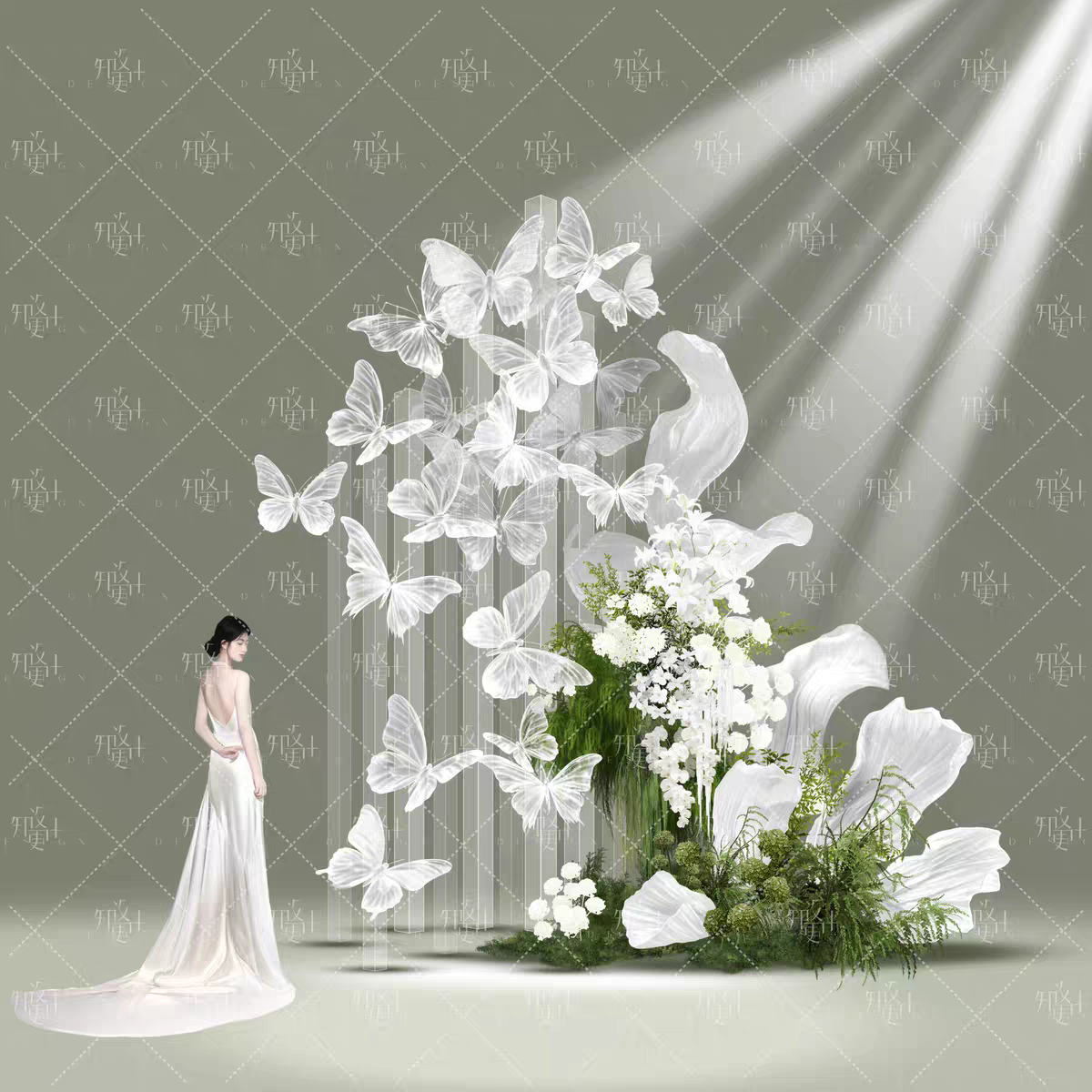 压克力透明蝴蝶纸花花艺白绿色花艺分层素材婚礼效果图psd文件