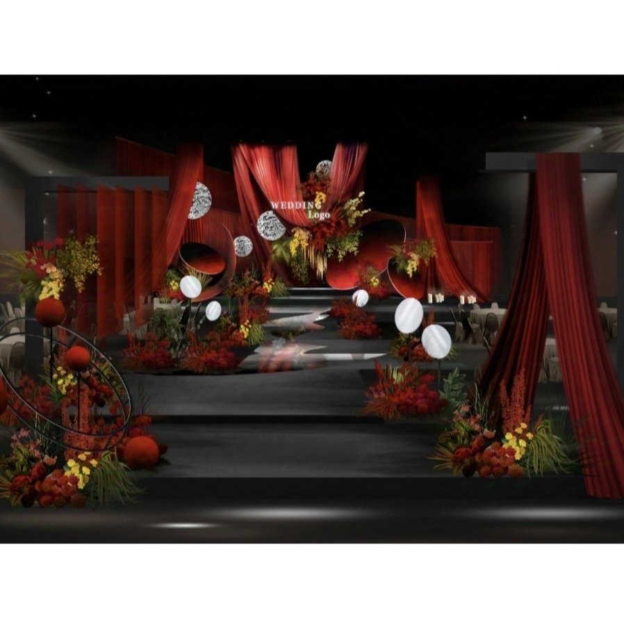 O305红色布幔线帘复古镜面婚礼效果图psd分层文件红色婚礼舞台
