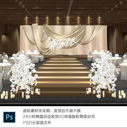 h732香槟色简约唯美小预算布幔婚礼效果图素材蝴蝶兰布幔婚礼
