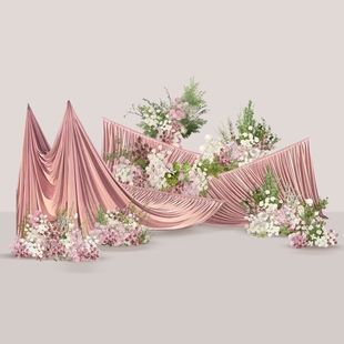 o313粉色渐变式背景粉色布幔造型花艺婚礼舞台合影区效果图PSd