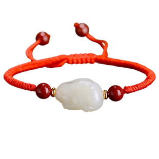 和田玉手链兔子情侣礼物女朱砂手串本命年生肖玉兔红绳编织手绳男