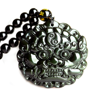 天然黑曜石石敢当睚眦吊坠男女项链水晶玉石狮咬剑挂件本命年礼物