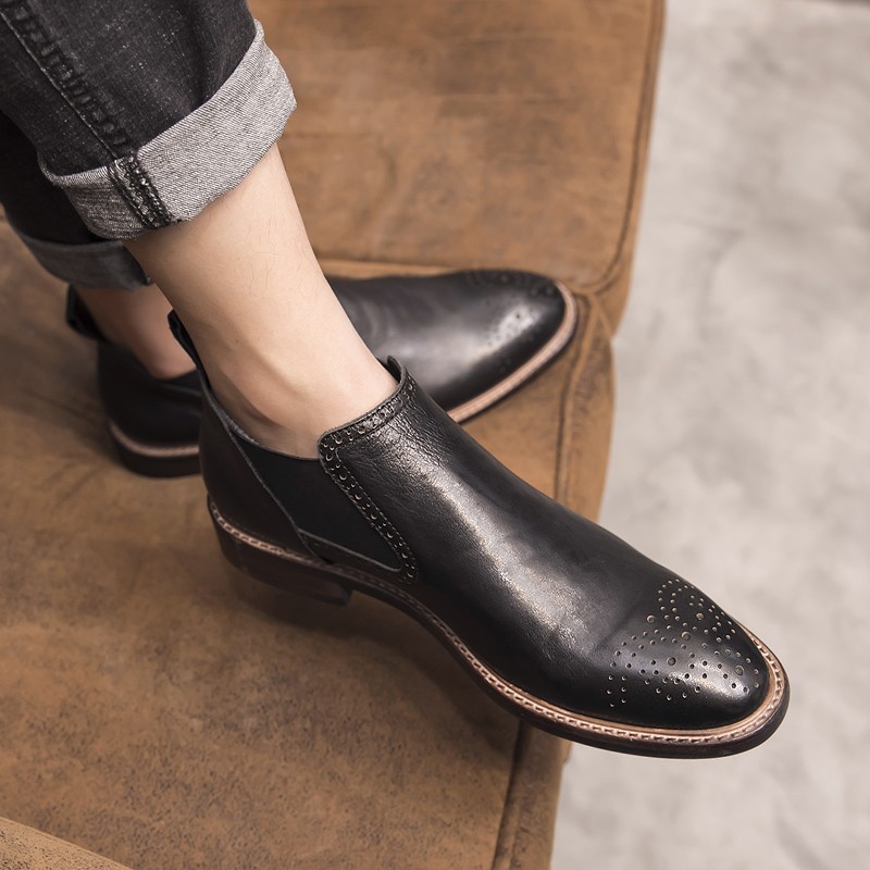 英伦切尔西靴男真皮尖头高帮雕花