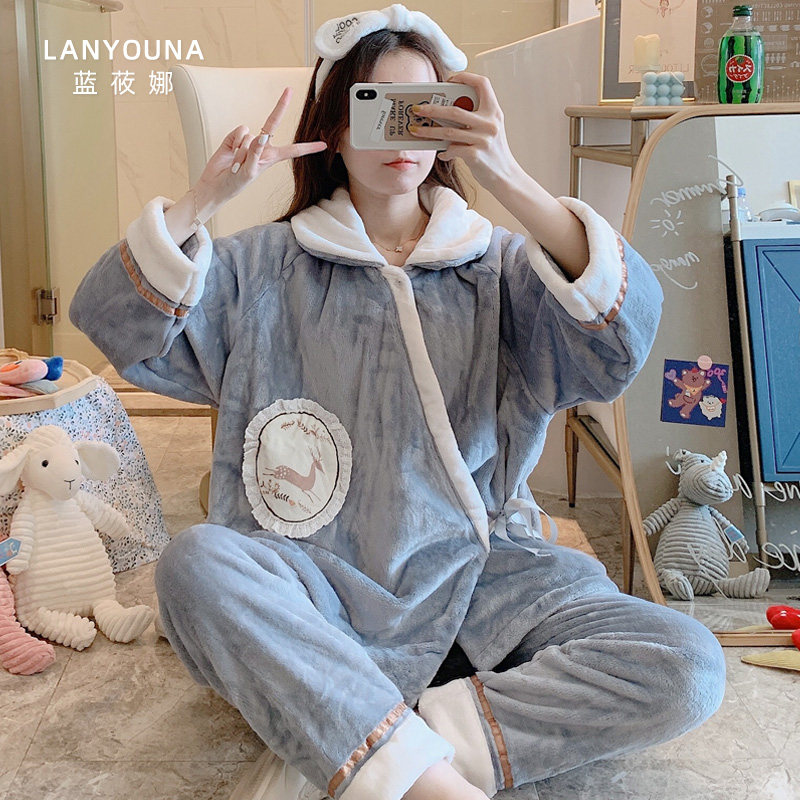 孕妇睡衣女秋冬季产后珊瑚绒月子服10月份加厚加绒孕妇哺乳家居服