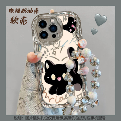 可爱黑色猫咪适用OPPOFindX8新款Reno14Pro软硅胶A6pro/A5手机壳K13真我Realme14防摔GT7全包Neo7电镀保护套