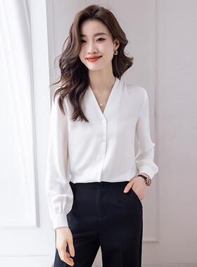 白色V领衬衫女春秋新款高端气质长袖雪纺衬衣正装工作服职业套装