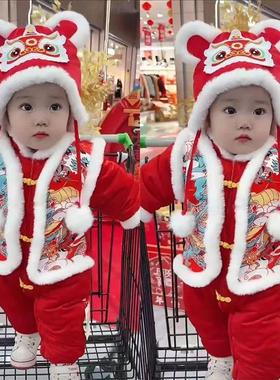 婴儿冬季拜年服加绒连体衣宝宝喜庆红色新年服过年加厚外出棉爬服