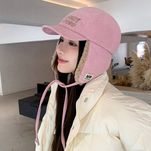 韩版字母刺绣灯芯绒雷锋帽子女秋冬2025新款毛绒保暖护耳滑雪帽女
