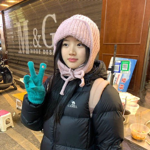 帽子女冬季显脸小纯色系带毛线帽飞行帽保暖护耳大头围针织雷锋帽