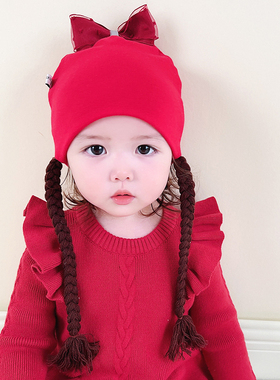 婴儿帽子秋冬超萌可爱女宝宝假发囟门帽新生儿初生纯棉胎帽套头帽