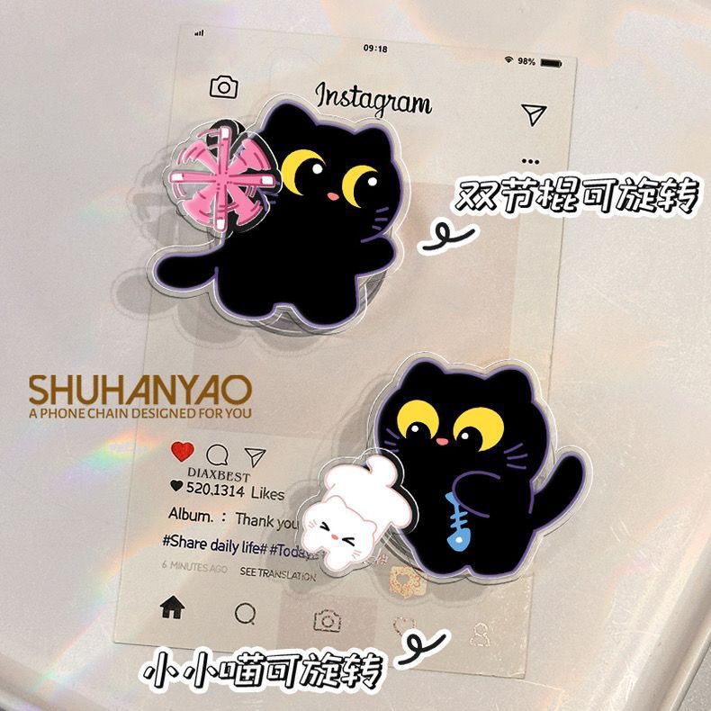 手机气囊支架背贴式趣味黑猫卡通粘贴式桌面支撑旋转可伸缩手机架