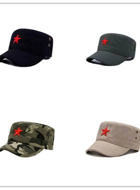 复古怀旧红五角星帽子男士纯棉平顶帽军绿色遮阳鸭舌帽户外太阳帽