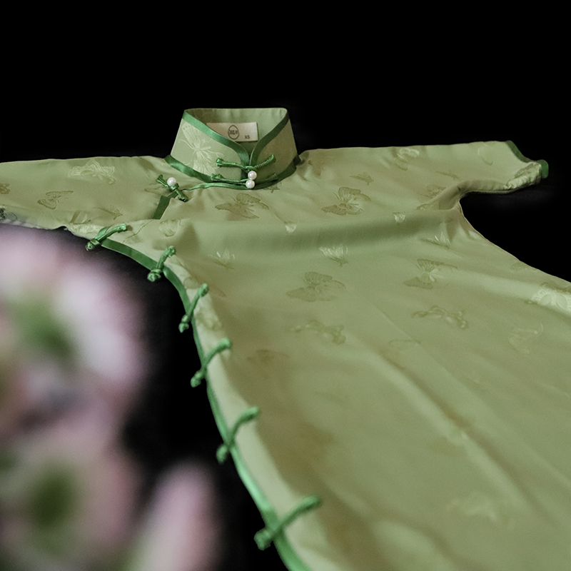 流年 抹茶绿 平裁老式古法传统复古老上海缎子无省复古曳地旗袍女